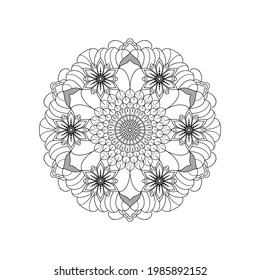 Floral mandala with doodle pattern. Anti-stress coloring book for adults and children. Black outline drawing on a white background