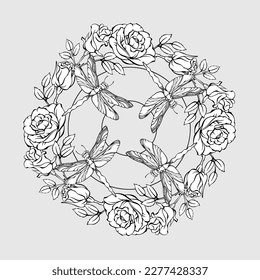 Floral mandala with dragonflies and roses. The hand-drawn black line on white background. Coloring page for children and adults. Botanical pattern with dragonfly and flower. Vector.