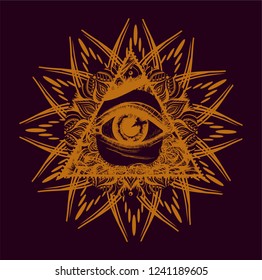 Floral mandala with eye of providence. Symbol power of earth. Sketch print for t shirt and tattoo art, coloring book. Boho chic. Gold pattern on the black background.