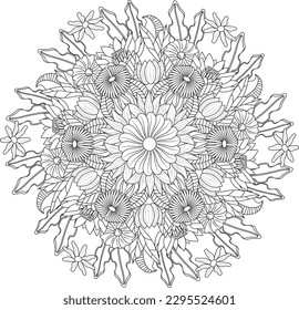 Floral Mandala flowers gardens leaves adult coloring book pages intricate seamless abstract