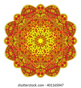 Floral mandala with flowers and insects in red, orange and yellow colors.