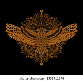 Floral mandala with flying bird. To be use for coloring book pages, tattoo art, print t shirt. Indian ornament. Baroque. Orange pattern on the black background.