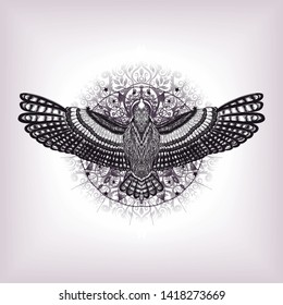 Floral Mandala with flying dove. Black nature pattern on the white background. Vintage stylised lotus flower and bird. Sketch of stylized flower for tattoo art and coloring book pages, print t shirt.