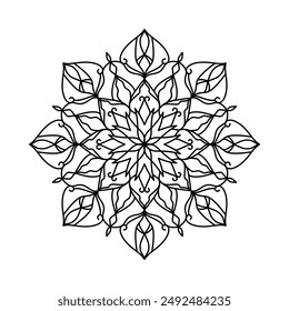 Floral mandala for harmony and balance, perfect for meditation, relaxation or artistic inspiration. Intricate isolated line mandala featuring detailed, symmetrical pattern in black on white background