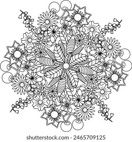 floral mandala leaves garden detailed adult coloring page botanical zentangle leaves Christmas intricate detailed circular mandala