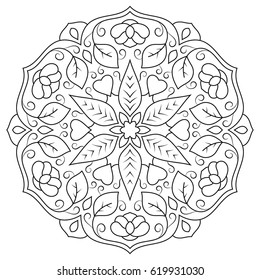 Floral mandala with leaves and hearts on a white background. Page coloring for adults.