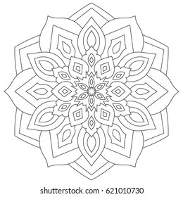 Floral mandala with leaves and hearts on a white background. Page coloring for adults.