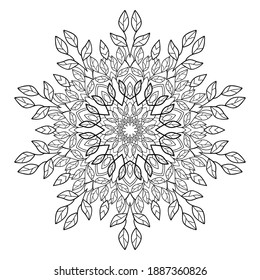 Floral mandala  with leaves on white isolated background. For coloring book pages.
