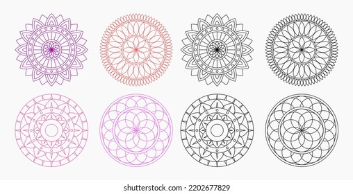 Floral Mandala Line Art Vector Collection Set Or Pattern On White Background. Meditation Flower Floral Ornament Art Set Collection