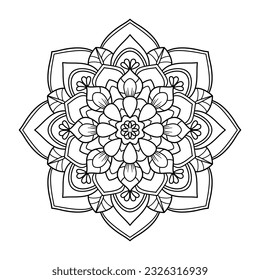 Estilo de mandala floral con línea negra, patrón de forma circular sobre fondo blanco, motivo, dibujo étnico. para colorear libro, decoración, tatuaje, papel pintado, tarjeta, pegatina, ilustración vectorial.