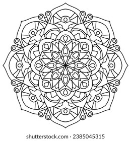 Estilo de mandala floral con línea negra, forma circular sobre fondo blanco, dibujo con elementos. para colorear libro, decoración, tatuaje, papel pintado, tarjeta, pegatina, ilustración vectorial.