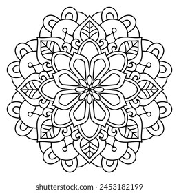Floral mandala with line. circular shape. drawing of nature theme. for coloring book page, decoration, tattoo, wallpaper, background, tile, sticker, illustration. flower design.