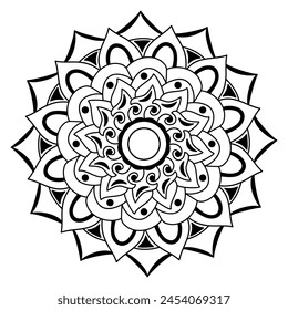 Mandala floral con línea, forma circular, dibujo de tema de la naturaleza, para colorear página de libro, decoración, tatuaje, Fondo de pantalla, fondo, tarjeta, pegatina, ilustración.