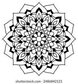Blumenmandala mit Linie, kreisförmige Form, Zeichnung von botanischem, natürlichem Thema, zum Färben von Buchseite, Ornament, Dekoration, Tattoo, Bildschirmhintergrund, Hintergrund, Karte, Aufkleber.