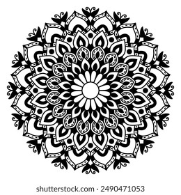 Mandala floral con línea, forma circular, dibujo de tema botánico, natural, para colorear página de libro, ornamento, decoración, tatuaje, Fondo de pantalla, fondo, tarjeta, pegatina.