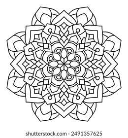 Floral mandala with line, circular shape, drawing of botanical style, natural theme, for coloring book page, ornament, decoration, tattoo, tile, background, sticker. flower design.