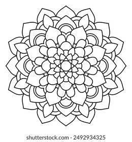 Floral mandala with line, circular shape, drawing of botanical, natural theme, for coloring book page, ornament, decoration, tattoo, wallpaper, background, card, sticker.