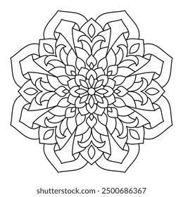 Floral mandala with line, circular shape, drawing of natural theme. for coloring book page, ornament, decoration, tattoo, tile, background, card, sticker. botanical design.