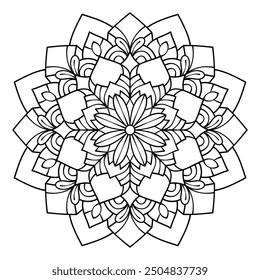 Floral mandala with line, circular shape, drawing of botanical, natural theme, for coloring book page, ornament, decoration, tattoo, tile, background, card, sticker. flower design.