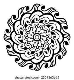 Floral mandala with line, circular shape, drawing of botanical, natural theme, for coloring book page, ornament, decoration, tattoo, wallpaper, background, card, sticker.