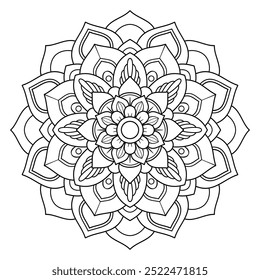 Floral mandala with line, circular shape, drawing of botanical, natural theme. for coloring book page, ornament, decoration, tattoo, wallpaper, background, tile, sticker. flower design.