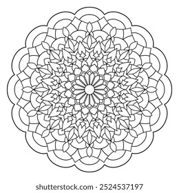 Floral mandala with line, circular shape, drawing of botanical, natural theme. for coloring book page, ornament, decoration, tattoo, wallpaper, background, tile, sticker. flower design.