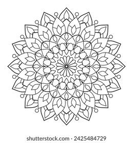 Fondo de mandala floral con líneas, estilo botánico con elementos repetidos, para colorear página de libro, decoración, tatuaje, papel pintado, tarjeta, pegatina, ilustración.