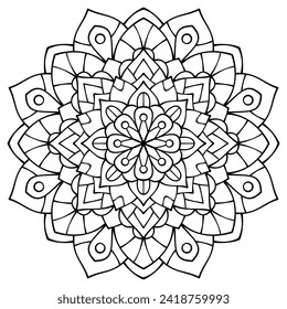 Floral mandala with lines, circular shape, botanical style, natural theme, for coloring book page, decoration, tattoo, tile, card, sticker, illustration. flower design.