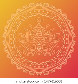 Floral mandala with lotus on orange background. Festive folk floral line art illustration