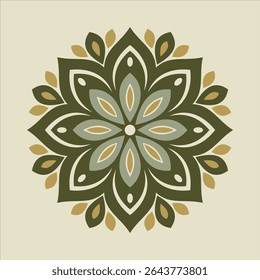 A floral mandala with olive green and gold petals creates a calming and intricate design, suitable for decorative purposes or creative projects.