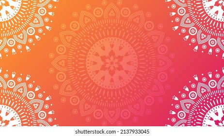 Fondo de ornamento de mandala floral. Ilustración vectorial de gradiente naranja a rosa con plantilla de mandala redonda con lugar para texto.