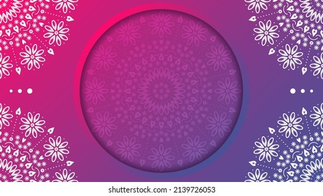 Floral mandala ornament background. Pink to purple gradient vector illustration. Round mandala template with place for text.