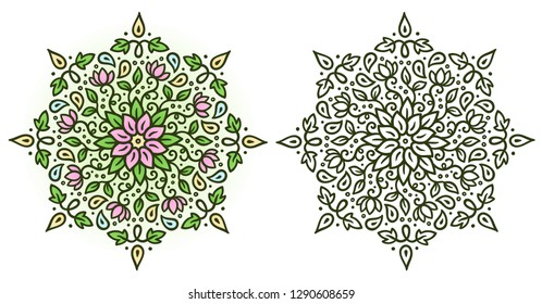 Floral mandala ornament, color and black and white vesrion. Isolated vector illustration, coloring book design.