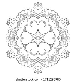 Floral mandala pattern in black on white isolated background. Adult coloring book page. Vector boho mandala. Yoga template and oriental pattern.