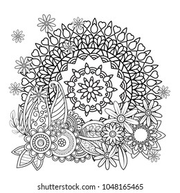 Floral mandala pattern in black and white. Adult coloring book page with flowers and mandalas. Oriental pattern, vintage decorative elements. . Hand drawn vector illustration