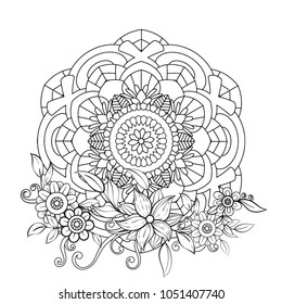 Floral mandala pattern in black and white. Adult coloring book page with flowers and mandalas. Oriental pattern, vintage decorative elements. . Hand drawn vector illustration