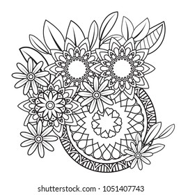 Floral mandala pattern in black and white. Adult coloring book page with flowers and mandalas. Oriental pattern, vintage decorative elements. . Hand drawn vector illustration