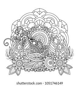 Floral mandala pattern in black and white. Adult coloring book page with flowers and mandalas. Oriental pattern, vintage decorative elements. . Hand drawn vector illustration