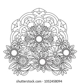 Floral mandala pattern in black and white. Adult coloring book page with flowers and mandalas. Oriental pattern, vintage decorative elements. . Hand drawn vector illustration
