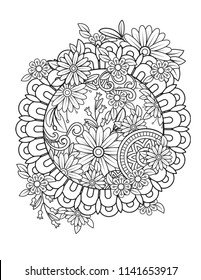 Floral mandala pattern in black and white. Adult coloring book page with flowers and mandalas. Oriental pattern, vintage decorative elements. . Hand drawn vector illustration