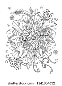 Floral mandala pattern in black and white. Adult coloring book page with flowers and mandalas. Oriental pattern, vintage decorative elements. . Hand drawn vector illustration