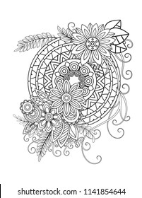 Floral mandala pattern in black and white. Adult coloring book page with flowers and mandalas. Oriental pattern, vintage decorative elements. . Hand drawn vector illustration