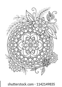 Floral mandala pattern in black and white. Adult coloring book page with flowers and mandalas. Oriental pattern, vintage decorative elements. . Hand drawn vector illustration