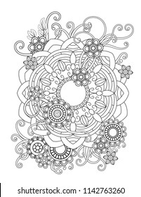 Floral mandala pattern in black and white. Adult coloring book page with flowers and mandalas. Oriental pattern, vintage decorative elements. . Hand drawn vector illustration