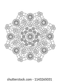 Floral mandala pattern in black and white. Adult coloring book page with flowers and mandalas. Oriental pattern, vintage decorative elements. . Hand drawn vector illustration