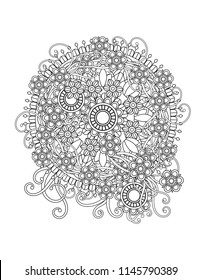 Floral mandala pattern in black and white. Adult coloring book page with flowers and mandalas. Oriental pattern, vintage decorative elements. . Hand drawn vector illustration