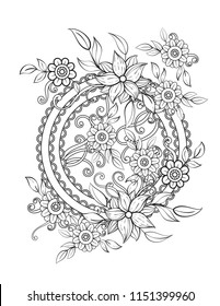 Floral mandala pattern in black and white. Adult coloring book page with flowers and mandalas. Oriental pattern, vintage decorative elements. . Hand drawn vector illustration