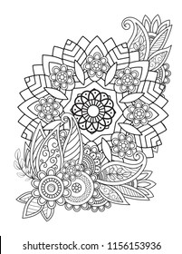 Floral mandala pattern in black and white. Adult coloring book page with flowers and mandalas. Oriental pattern, vintage decorative elements. . Hand drawn vector illustration