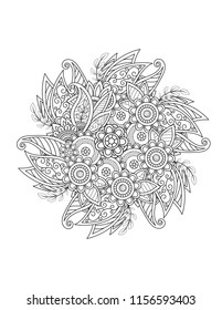 Floral mandala pattern in black and white. Adult coloring book page with flowers and mandalas. Oriental pattern, vintage decorative elements. . Hand drawn vector illustration