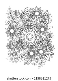 Floral mandala pattern in black and white. Adult coloring book page with flowers and mandalas. Oriental pattern, vintage decorative elements. . Hand drawn vector illustration